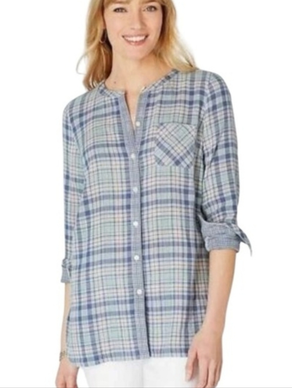 J. Jill Plaid 100% Cotton Top Long Sleeve Front Buttons Size Medium